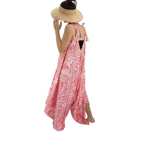 Po`a‘lima Coral White Tropical Floral Boho Wide Leg Beach Summer Romper - Picture 4 of 15